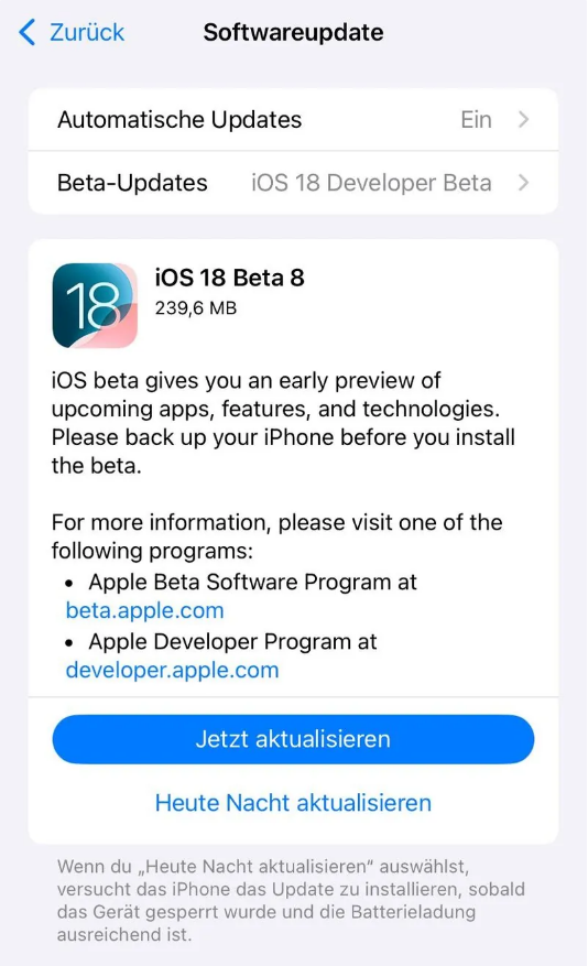 清涧苹果手机维修分享苹果 iOS / iPadOS 18 开发者预览版 Beta 8 发布 